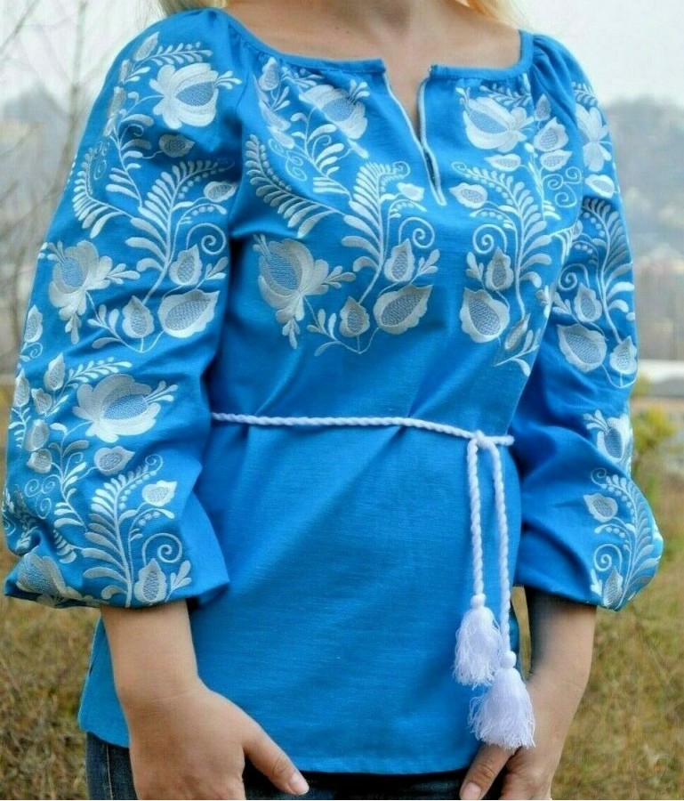 Ukrainian Embroidered Blouse Blue Boho Sorochka Vyshyvanka XS-XXXL 
