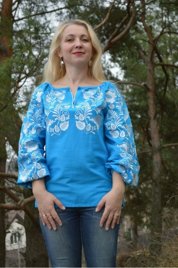 Ukrainian Embroidered Blouse Blue Boho Sorochka Vyshyvanka XS-XXXL 