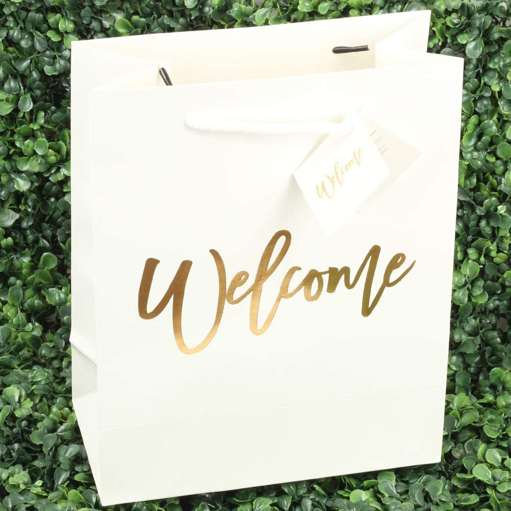 Large White Gold Foil Stamped Welcome Bags for Wedding Guests