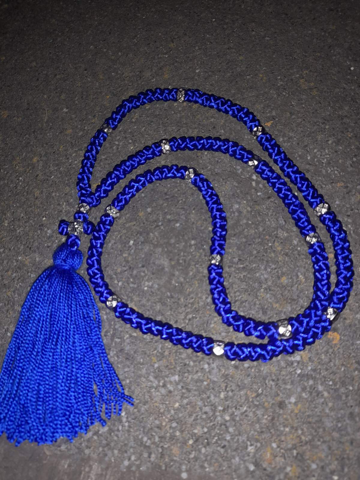 Prayer Rope, 100 knots with cross and blue beads