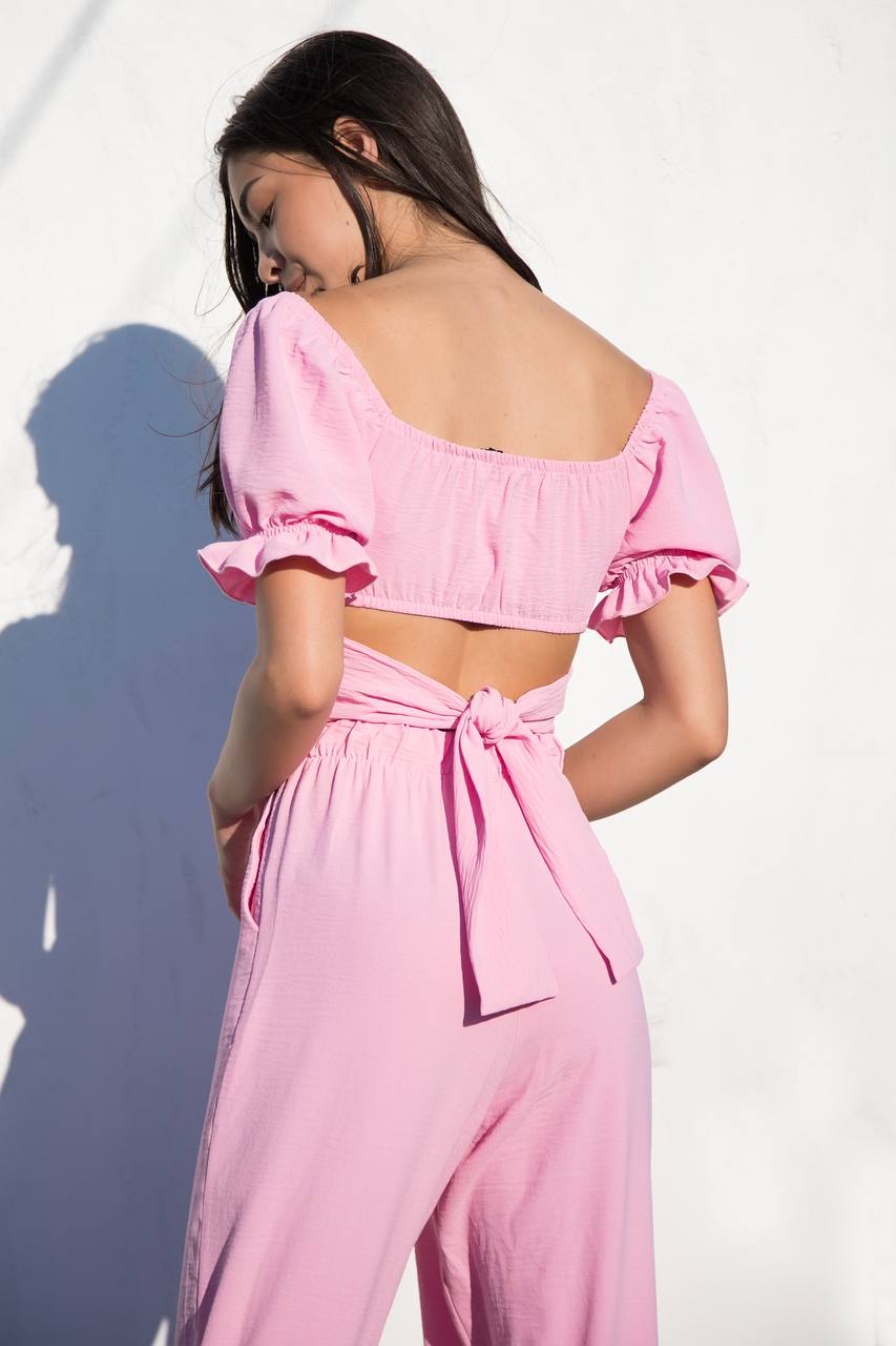 Pink  Linen Mix Off Shoulder Draped Wrap Bralet Top & High Waist Palazzo Trousers Co ord Set