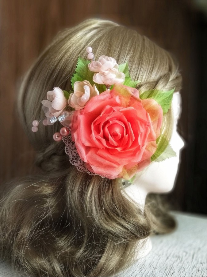 See description Coral rose hair clip, chiffon flower, fabric rose,...