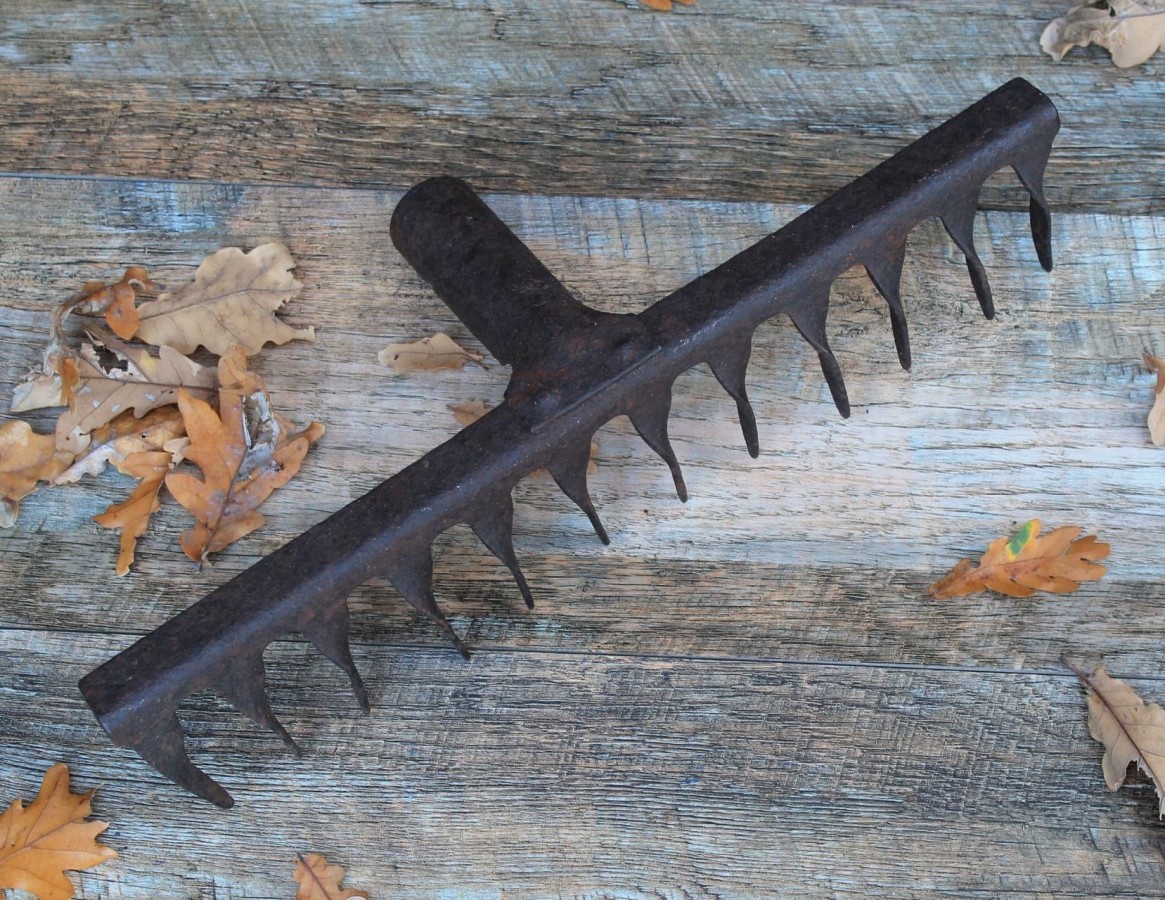 Antique rake head, retro farm tool, soviet metal rake for rustic...