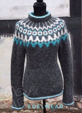 Icelandic sweater Lopapeysa adults Fair Isle hand knitted in soft Baby Alpaca Merino yarn. Grey warm winter sweater with turquoise and white in the round knitted patterned yoke.