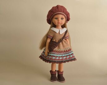 Full handmade crochet outfit for Paola Reina 32 cm, vintage dress and beret