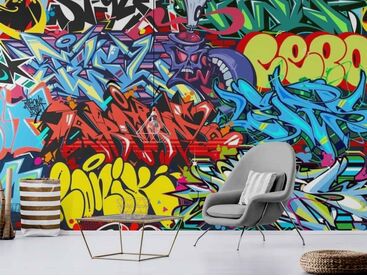 Trendy Colorful Street art graffiti wallpaper is the perfect way to add a touch of urban style to your living space.
