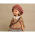 Paola Reina doll wearing crochet dress, beret and shoulder bag, side view